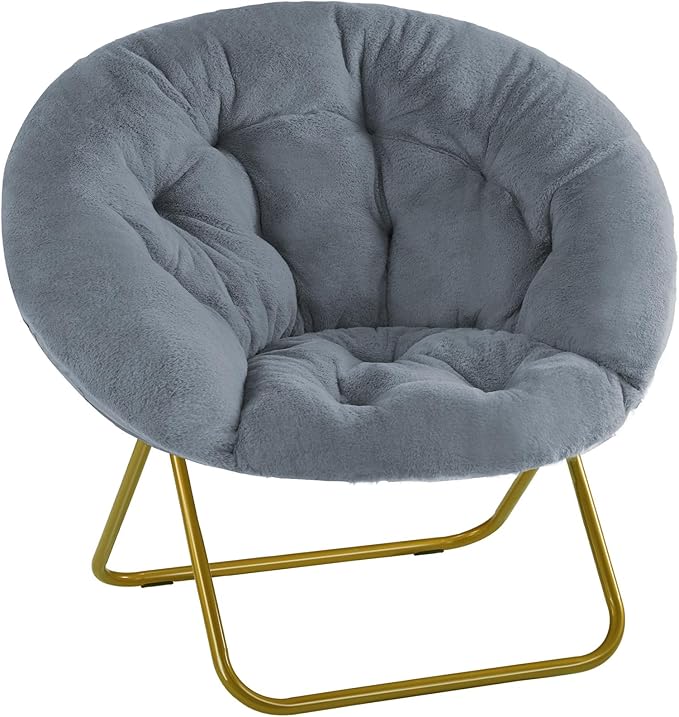 Sweetcrispy Cozy Saucer Chairs Faux Fur Living Room Reading Lounge Furniture Folding Comfy with Soft Thick Padded Seat Metal Frame Modern Style for Bedroom Home Adults, X-Large, Grey