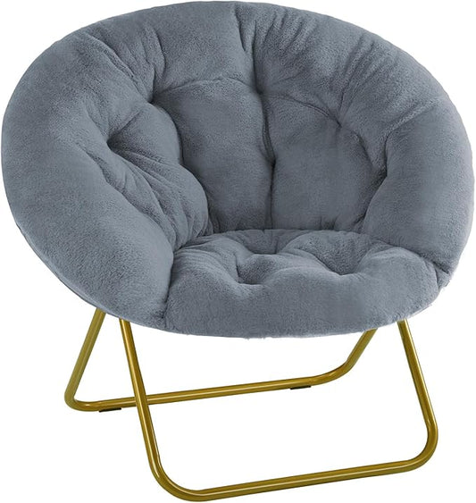 Sweetcrispy Cozy Saucer Chairs Faux Fur Living Room Reading Lounge Furniture Folding Comfy with Soft Thick Padded Seat Metal Frame Modern Style for Bedroom Home Adults, X-Large, Grey