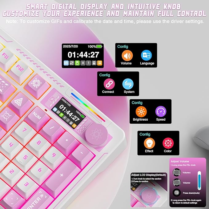 LINGBAO K98 PRO Anime Mechanical Keyboard Wireless, with Screen & Knob,RGB Gaming Keyboard, Tri-Mode BT5.0/2.4GHz/USB-C, Gasket Mount Hot Swappable Linear Switches Gamer Keyboards for PC/Mac/Android