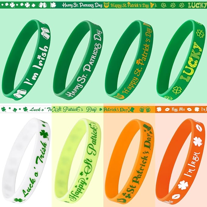 JUNEBRUSHS 24pcs St. Patrick's Day Party Favors Silicone Bracelets Green Clover Shamrock Rubber Wristbands Adults St. Patrick's Day Party Ireland Spring Holiday Decorations Gift (8 Designs)