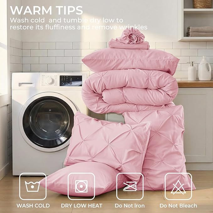 Sasttie Full Size Comforter Set, 7-Piece Bed in a Bag, Pintuck Bedding Set for All Season, Includes Comforter, Flat Sheet, Fitted Sheet, Pillowcases and Pillowshams, Baby Pink
