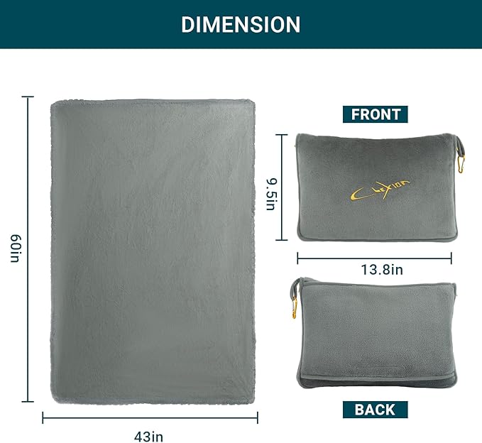 CLEXION Travel Blanket & Pillow Set, 300 GSM Soft Fleece, 60x43 Inches, 3-in-1 Airplane Blanket, Travel Pillow and Blanket Set, Travel Blanket Airplane Compact with Bag, Travel Essentials, Grey
