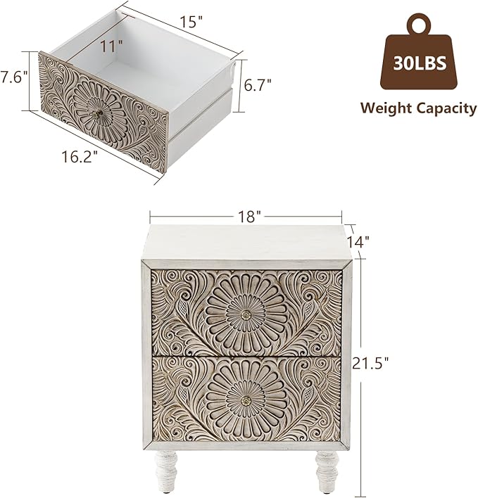 COSIEST Nightstand, 14" D x 18" W x 21.5" H MDF End Table with 2 Drawers, Vintage Style Wood Bedside Table, Bedroom Accessories for Home, Office, College Dorm