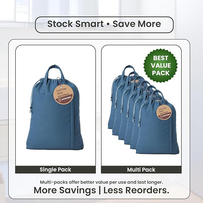 LFH Home Large Premium Cotton Canvas Laundry Bag with Drawstring and Handles Heavy Duty, Multi-Use, and Washable for Home, Travel, College or Storage 20x30 (Pack of 6)-Sky Blue