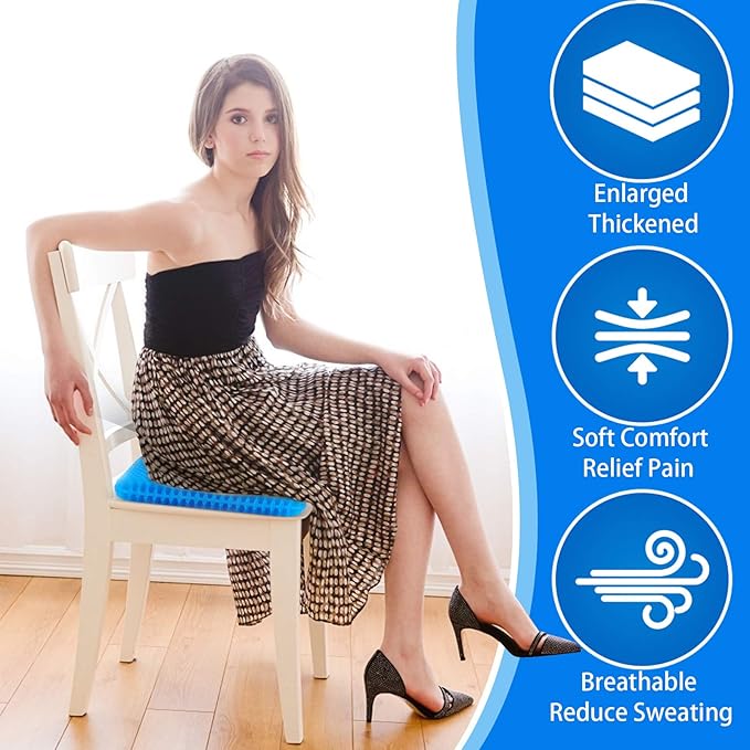 Large Gel Seat Cushion for Long Sitting (Large & Thick), Soft & Breathable, Gel Cushion for Wheelchair Reduce Sweat, Chair Cushion for Office Chair (Black Cover)