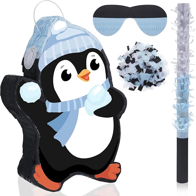 Lewtemi 15.1 Inch Penguin Piñata Winter Penguin Party Supplies Candy Animal Piñata with Stick Confetti and Blindfold Gift for Boy Girl Adults Winter Theme Birthday Party Supplies Decorations (Elegant)