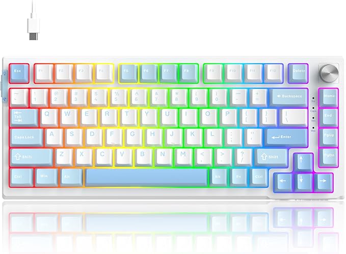 MageGee SKY81 75% Mechanical Gaming Keyboard, Hot Swappable Wired Custom Creamy Keyboards with 5-Layer Sound Dampening, Knob Control, RGB Backlit, NKRO for Win/Mac (Ice Sea Blue, Pink Bear Switch)