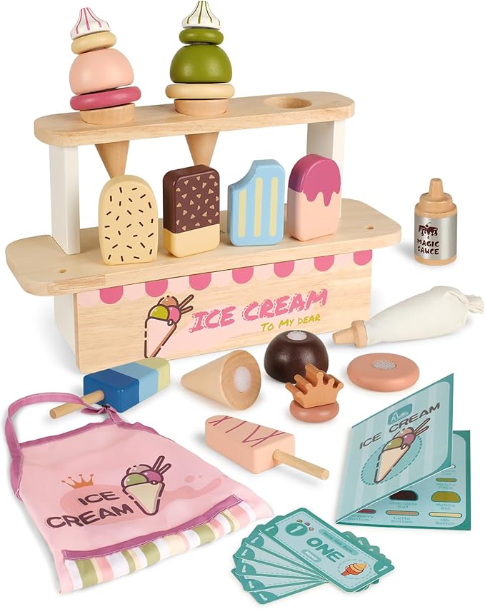 Ice Cream Toys for Toddlers 3-5, Wooden Ice Cream Stand for Kids, Popsicle Toys Ice Cream Set, Kids Ice Cream Shop Playset, Ice Cream Truck Toy Gift for Girl Boy 3 4 5 Years, Wooden Play Food Set