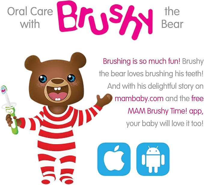 MAM Baby Toothbrushes (2 Baby's Brushes and 1 Safety Shield), Toothbrushes with Brushy the Bear Character, Interactive App, For Boys 6+ Months