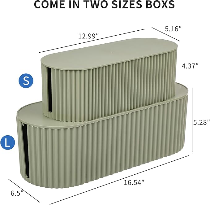 FABROK 2 Pack Cable Management Box, Cord Organizer Box with 20 Cable Ties, Power Strip Storage to Hide Charger Adapter Power Cord Charging Station Green(Small+Large