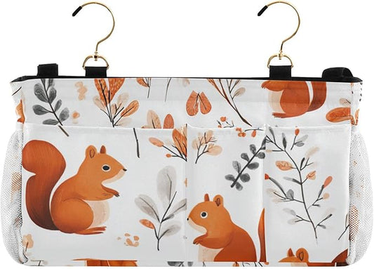 Squirrels and Fall Leaves Bedside Caddy for Dorm Bed Bedside Hanging Caddy Bag Iron Frame Storage Organizer Pocket for Bunk Home College Hospital Beds 2 Hooks