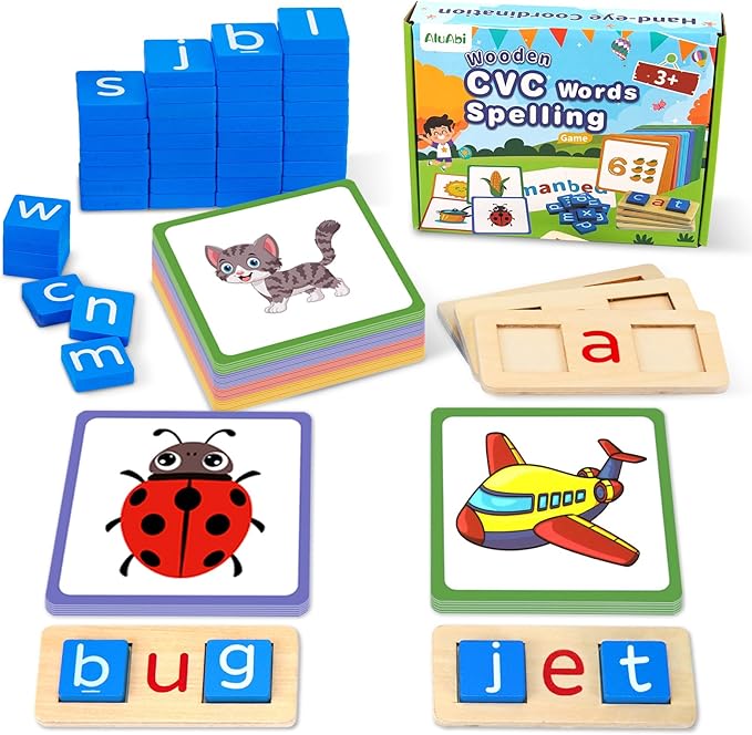 Wooden CVC Word Spelling Games, Sight Words Flash Cards Reading Letters for Beginner Preschool Learning Activities Montessori Educational Toy Gift for 3 4 5 6 Year Old Kids