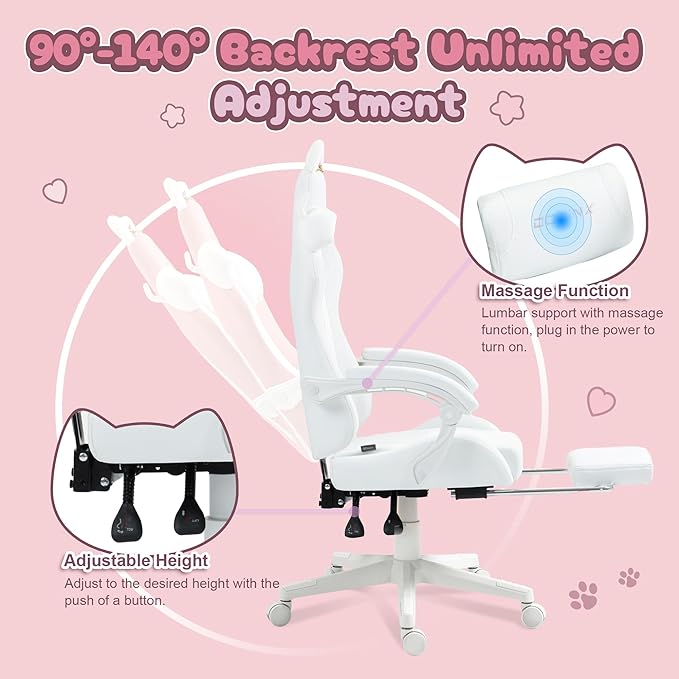 Dowinx Gaming Chair Cute with Cat Ears and Massage Lumbar Support, Ergonomic Computer Chair for Girl with Footrest and Headrest, Comfortable Reclining Game Chair 290lbs for Adult, Teen, White
