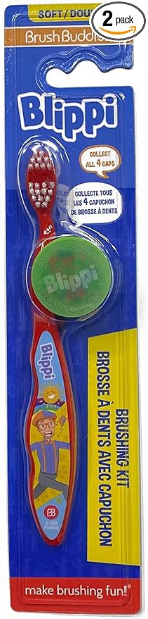 Brush Buddies Blippi Toothbrush with Travel Cap, Kids Toothbrushes, Soft Bristle Toothbrushes for Kids, 2PC