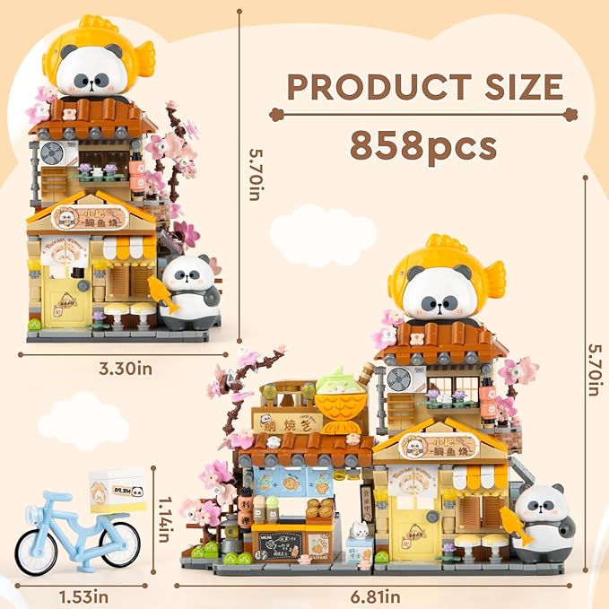 Finger Rock Street View Mini City Taiyaki Shop Building Set, Cute Panda Animals Building Toys Creative Architecture Set, Ideas Gifts for Adults Kids 8+ (858PCS)