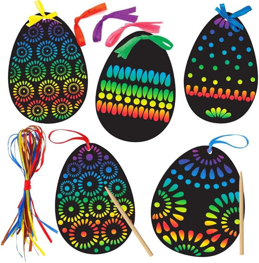Koogel Easter Egg Scratch Art Set, 36 PCS Rainbow Scratch Art Mini Notes with Colorful Ribbon and Wooden Stick Crafts for Kids Party Favor Easter Decor Tree Decor