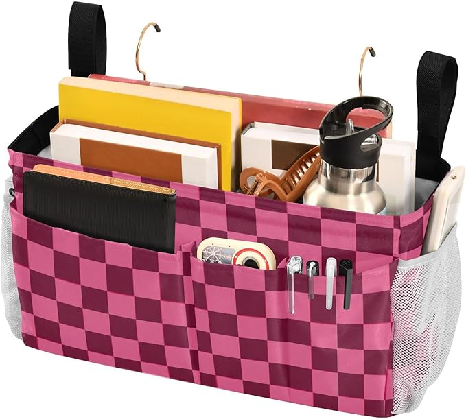 Checkered Hot Pink Bedside Caddy for Dorm Bed Bedside Hanging Caddy Bag Iron Frame Storage Organizer Pocket for Bunk Home College Hospital Beds 2 Hooks