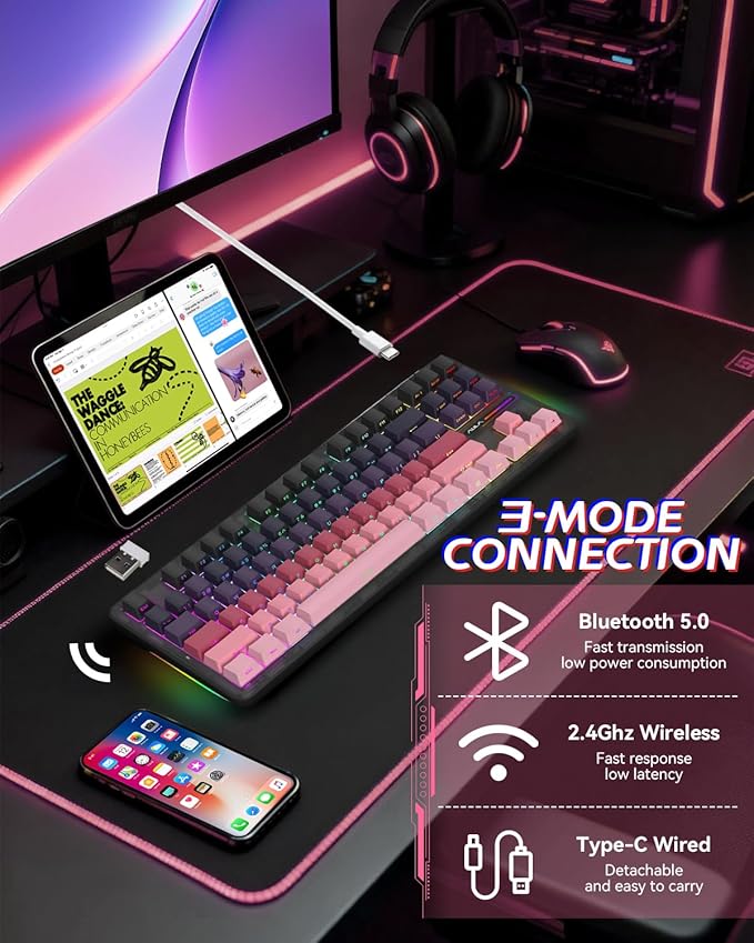 Aula F87 Pro Gaming Keyboard, Tri-Mode BT5.0/2.4GHz/USB-C Hot-Swappable RGB Wireless Mechanical Keyboard, Gasket Mount, 8000mAh, for Windows/Mac Gamer & Typists（LEOBOG Gray Wood Switch V4）