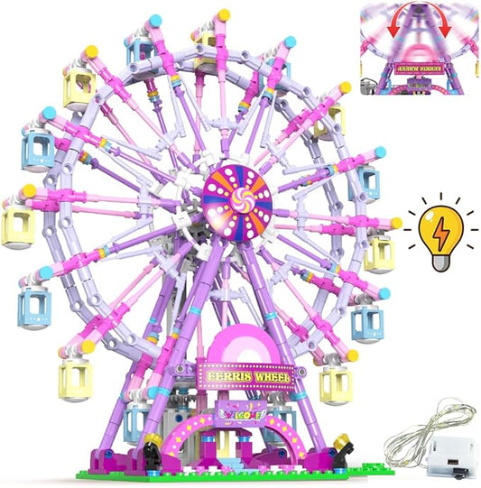 Rotating Ferris Wheel Building Blocks Kit with Lights Amusement Park Building Construction Toys Set for 6+ Year Boys Girls Birthday Gift, for Children 813pcs