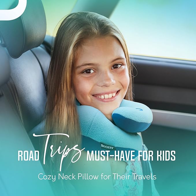 BCOZZY Kids Chin Supporting Travel Pillow for Ages 8–12- Patented Soft Neck Pillow for Head and Chin Support in Car Seat and Airplane. Comfortable Travel Essential. Medium Size, Bag, Light Purple