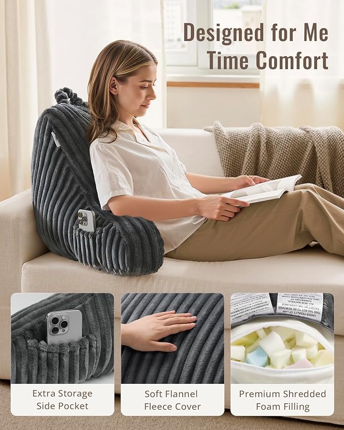 Blissful Diary Reading Pillow for Sitting in Bed, Large Flannel Back Pillow Bed Sitting Up for Adult & Children, Backrest Cushion for Sit Up in Couch or Floor, Dorm Essentials, Dark Gray