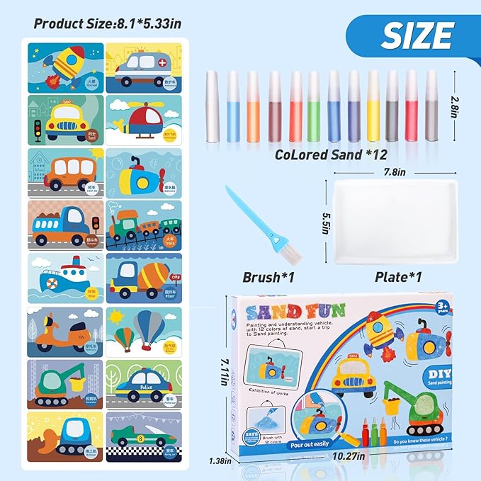 Colorful Sand Art Kit Crafts for Kids Ages 4-8- 12 Colored Sands, 16 Vehicles Sand Art Pictures - DIY Crafts Set for Girls and Boys，Arts and Crafts for Kids Ages 8-12