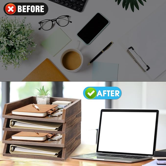 DoubleFill 4 Pcs Wooden Letter Trays Wood Letter-Size Desk Organizer Heavy Duty 2 Tier Stackable Supports Paper Tray Desktop Drawer Organizer File Folder Magazine Office Accessories (Dark Wood)
