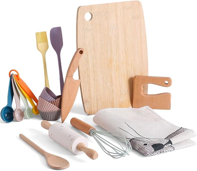 IEATFO Wooden Kids Cooking & Baking Set for Real Cooking, 14 PCS Toddler Montessori Kitchen Tools,Kids Cooking Utensils with Wooden Knife Set,Cutting Board,Apron and Rolling Pin, Food Grade Materials