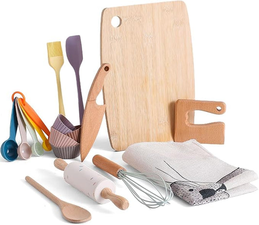 IEATFO Wooden Kids Cooking & Baking Set for Real Cooking, 14 PCS Toddler Montessori Kitchen Tools,Kids Cooking Utensils with Wooden Knife Set,Cutting Board,Apron and Rolling Pin, Food Grade Materials