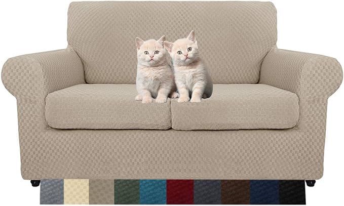 MAXIJIN 3 Piece Jacquard Couch Covers for 2 Cushion Couch Stretch Non Slip Love Seat Couch Cover for Dogs Pet Friendly Elastic Furniture Protector Loveseat Slipcovers (Loveseat, Khaki)