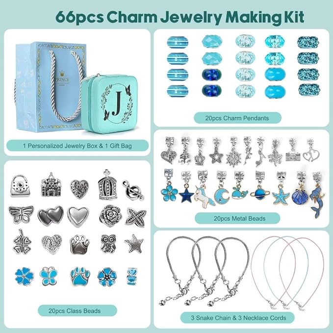 Charm Bracelet Making Kit, Kid Jewelry Making Kit for Girls 8-12, Unicorn Craft Kits for Teen Girls Toys Ages 3-10 Years Old Girl Gifts Trendy Stuff Birthday Christmas Gift with Initial Jewelry Box- J