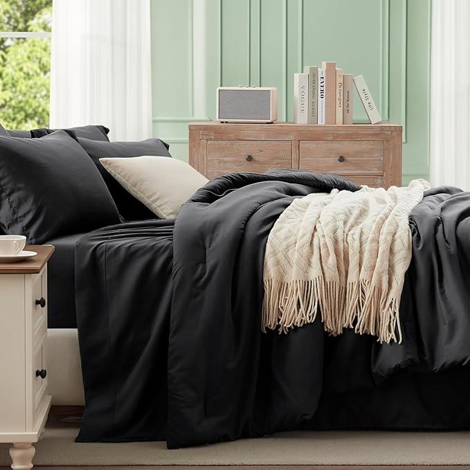 Anluoer Full Size Comforter Sets - 7 Pieces Bed in a Bag Full, Black Lightweight Bedding Sets with 1 Comforter, 2 Pillow Shams, 2 Pillowcases, 1 Flat Sheet, 1 Fitted Sheet