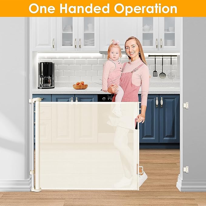 60 Inch Retractable Baby Gate Mesh Dog Gates for The House Pet Gates for Dogs Child Gates for Doorways Outdoor Gates for Decks Stair Gates for Kids or Pets Indoor Gate for Dogs Toddler Gate (Beige)