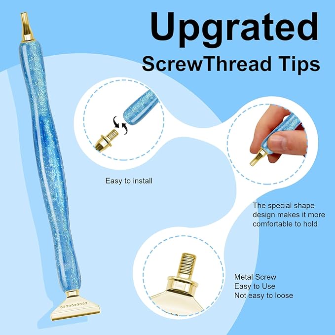 22PCS DIY Diamond Art Pen Painting Tool Set - Metal Threaded Tip Accessories Gem Resin Dotting Pen Supplies Kit (Blue Pen + 12 Tips + 9 Dotting Clay)