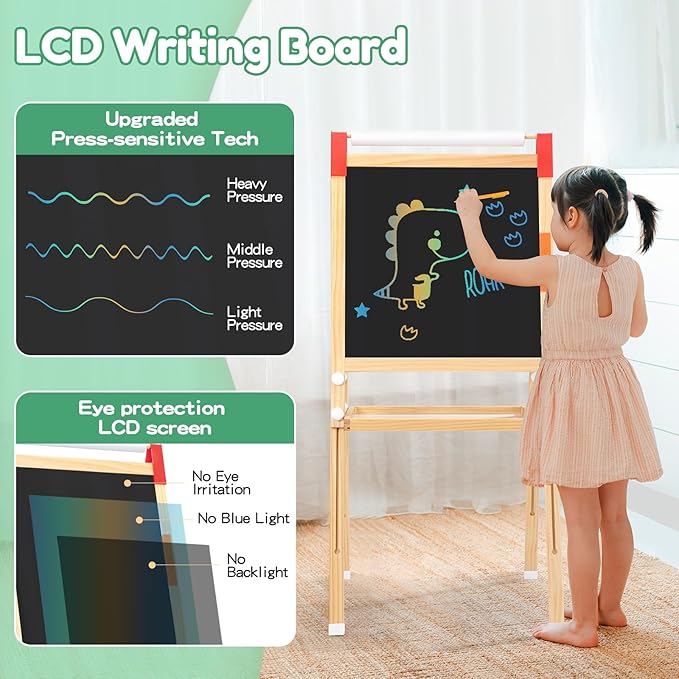Art Easel for Kids-LCD Writing Tablet, Adjustable Standing Easels w/Magnetic Whiteboard & Paper Roll, Dry Erase Easel with Drawing Accessories, Double-Sided Easel for Kid Toddler 2-4 4-8 8-12