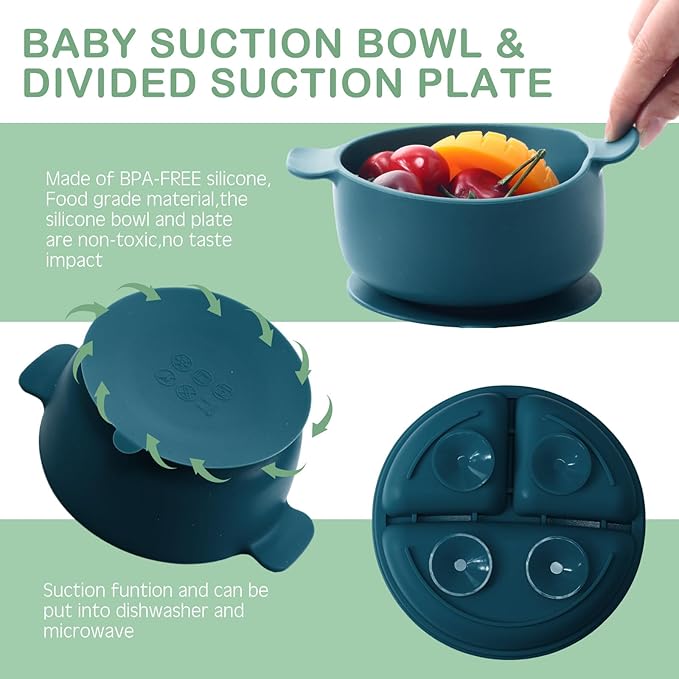 Dandat 24 Pcs Silicone Baby Feeding Set,6 Baby Toddler Suction Bowls 6 Divided Suction Plates with 6 Forks 6 Spoons, Utensils Set for Weaning Infant Feeding and Eating, 6 Styles(Vivid Color)