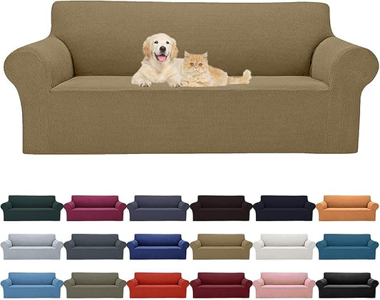 2025 New Stretch Oversized Sofa Slipcovers Couch Sofa Cover for 4 Seater Furniture Protector Covers with Elastic Bottom Jacquard Fabric Small Checks for Pets, Kids - Tan