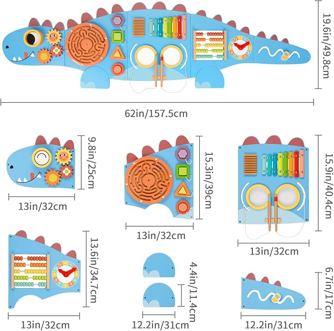 Dinosaur Sensory Wall Panel for Kids,10-in-1 Wall Toys for Toddlers, Montessori Busy Board,Toddler Playroom Bedroom Decor