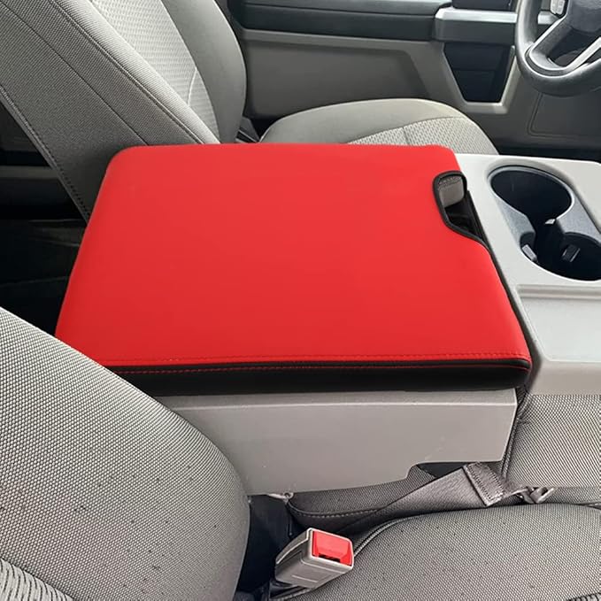 XITER 1PC Leather Center Console Armrest Cover Waterproof Protector Cover for 2015-2026 F150 2017-2026 F250 F350 F450 Super Duty with 40/20/40 Jump Seat(Red+Black)