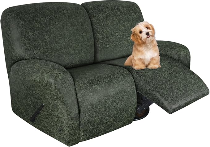 Leather Look Loveseat Recliner Covers Stay in Place 6-Piece Recliner Sofa Slipcover 2 Seater Reclining Couch Cover Spandex Fabric Washable (Recliner Loveseat, Green)