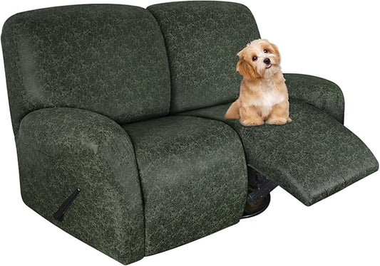 Leather Look Loveseat Recliner Covers Stay in Place 6-Piece Recliner Sofa Slipcover 2 Seater Reclining Couch Cover Spandex Fabric Washable (Recliner Loveseat, Green)
