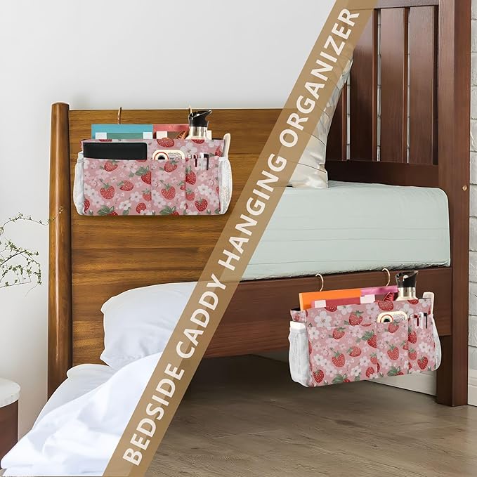 Pink Blossoms and Strawberries Bedside Caddy for Dorm Bed Bedside Hanging Caddy Bag Iron Frame Storage Organizer Pocket for Bunk Home College Hospital Beds 2 Hooks