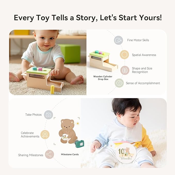 IEATFO Montessori Toys for Babies 9-12 Months, 7-in-1 Wooden Playful Learning Toys with Egg Cup, Castanets, Magic Tissue Box, Textured Shape Puzzle, Cylinder Drop Box and More, Stage-Based Toys