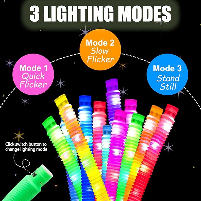 24 PCS Light Up Pop Tubes for Kids, 12 Colors Glow Sticks Bulk Party Pack, Glow Necklaces Bracelets for Toddlers, Party Supplies Party Favors,Valentine's Day Birthday Wedding Decorations