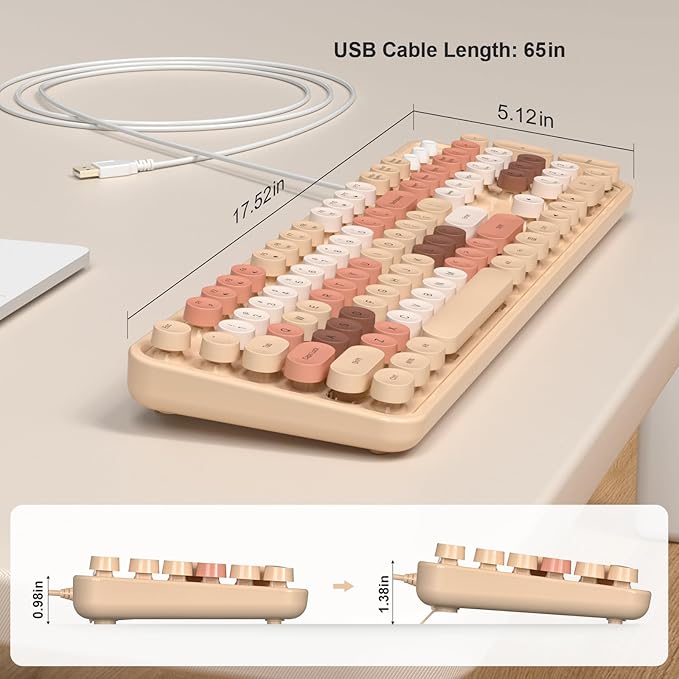MOFII Wired Keyboard - Full Size USB Plug & Play, Colorful Retro Round Typewriter Keyboard with Foldable Stands for Windows PC Laptop (Milk Tea Colorful)