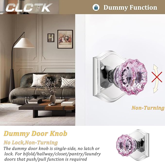 CLCTK Pink Crystal Glass Dummy Door Knob, Polished Chrome Closet Bifold Dummy Door Handles Non-Turning Single Side, 4 Pack