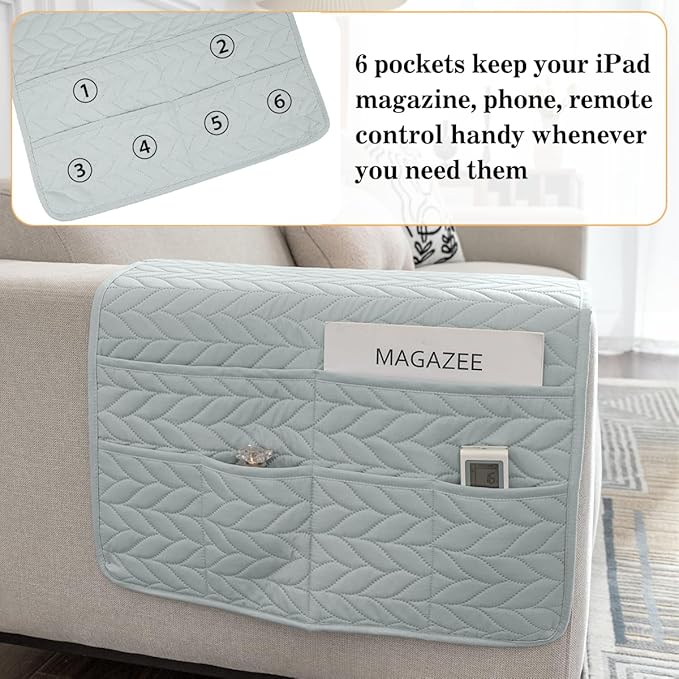 Sofa Armrest Organizer Arm Chair Caddy for Recliner, Remote Control Holder for Recliner, Non-Slip Armchair Caddy with 6 Pockets Storage for Magazine, Tablet, Phone, Light Grey