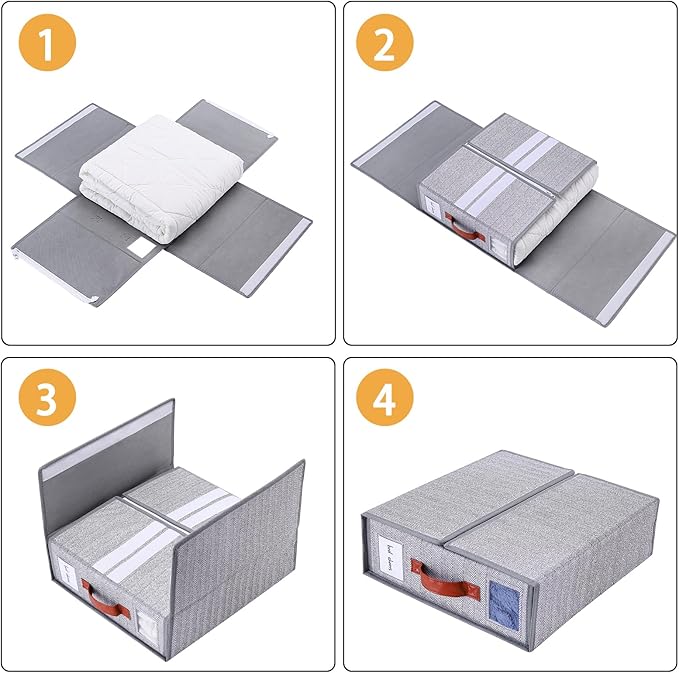 4 Pack Bed Sheet Storage Organizers- Premium Fabric Closet Organizer with Clear View Window, Space-Saving Foldable Design for Queen/King Size Bedsheets, Blankets & Duvet Covers