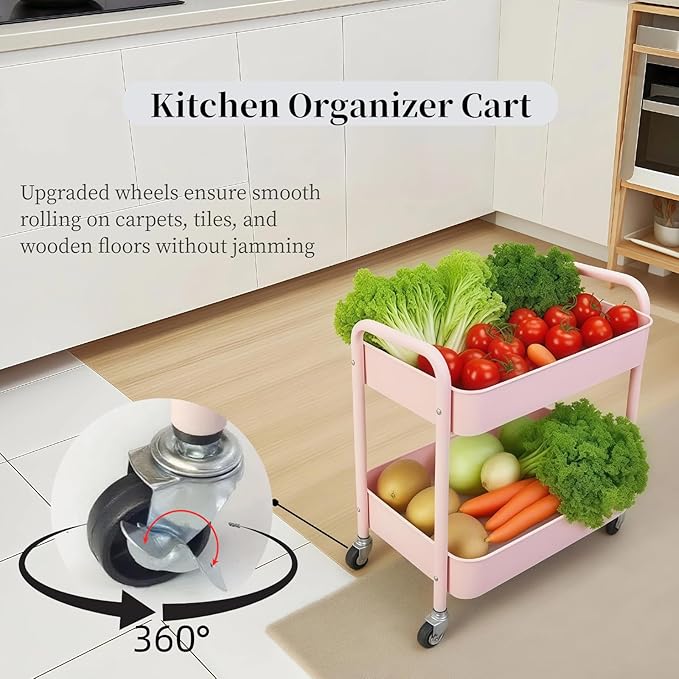 LIWNYRK 2 Tier Pink Rolling Cart with Wheels for Under Desk Storage, Large Capacity Rolling Pantry & Kitchen Storage Cart for Small Space, Sturdy Metal Bathroom Shelf Laundry Room Organization