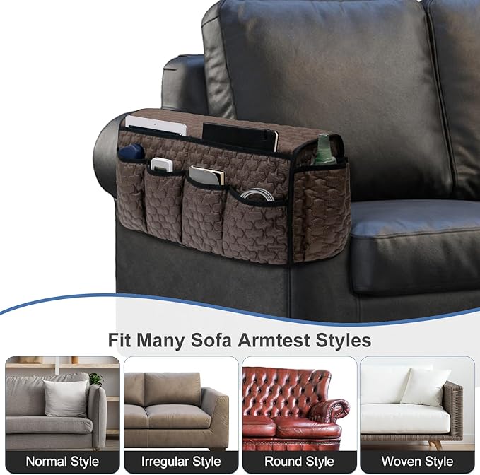 DECKALY TV Remote Control Holder for Armchair, Arm Chair Caddy for Recliner 14 Pockets, Non-Slip Sofa Armrest Organizer Storage for Cell Phone TV Remote Control Magazines (Brown)